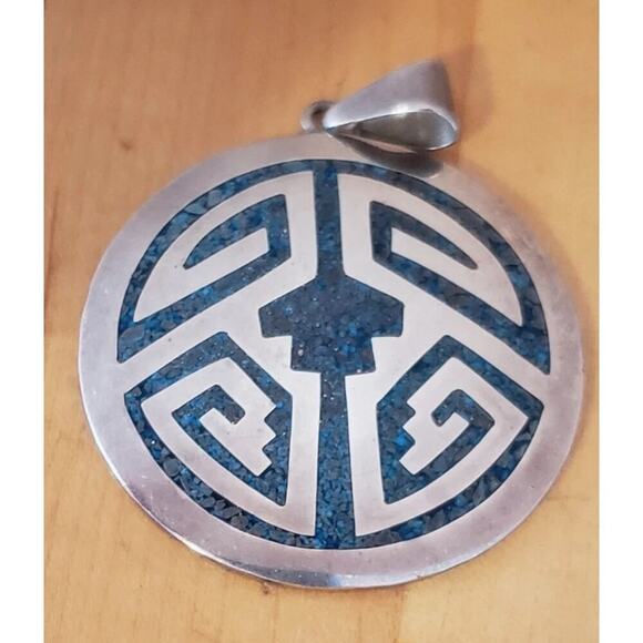 Taxco Jewelry - Vintage Taxco Pendant Big Sterling Inlay Turquoise Chip Aztec Native Mexico